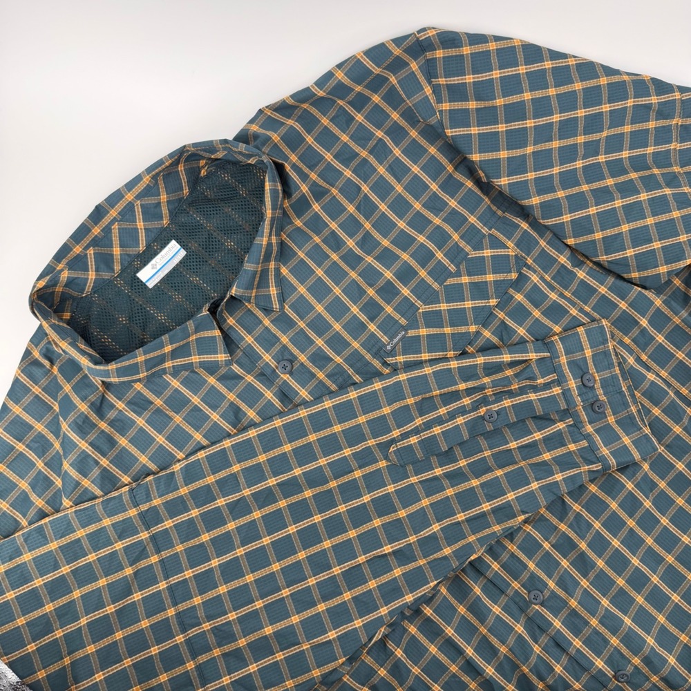 Columbia Mens 4X Plaid Long Sleeve Button Up Shirt Green Teal Orange Vented